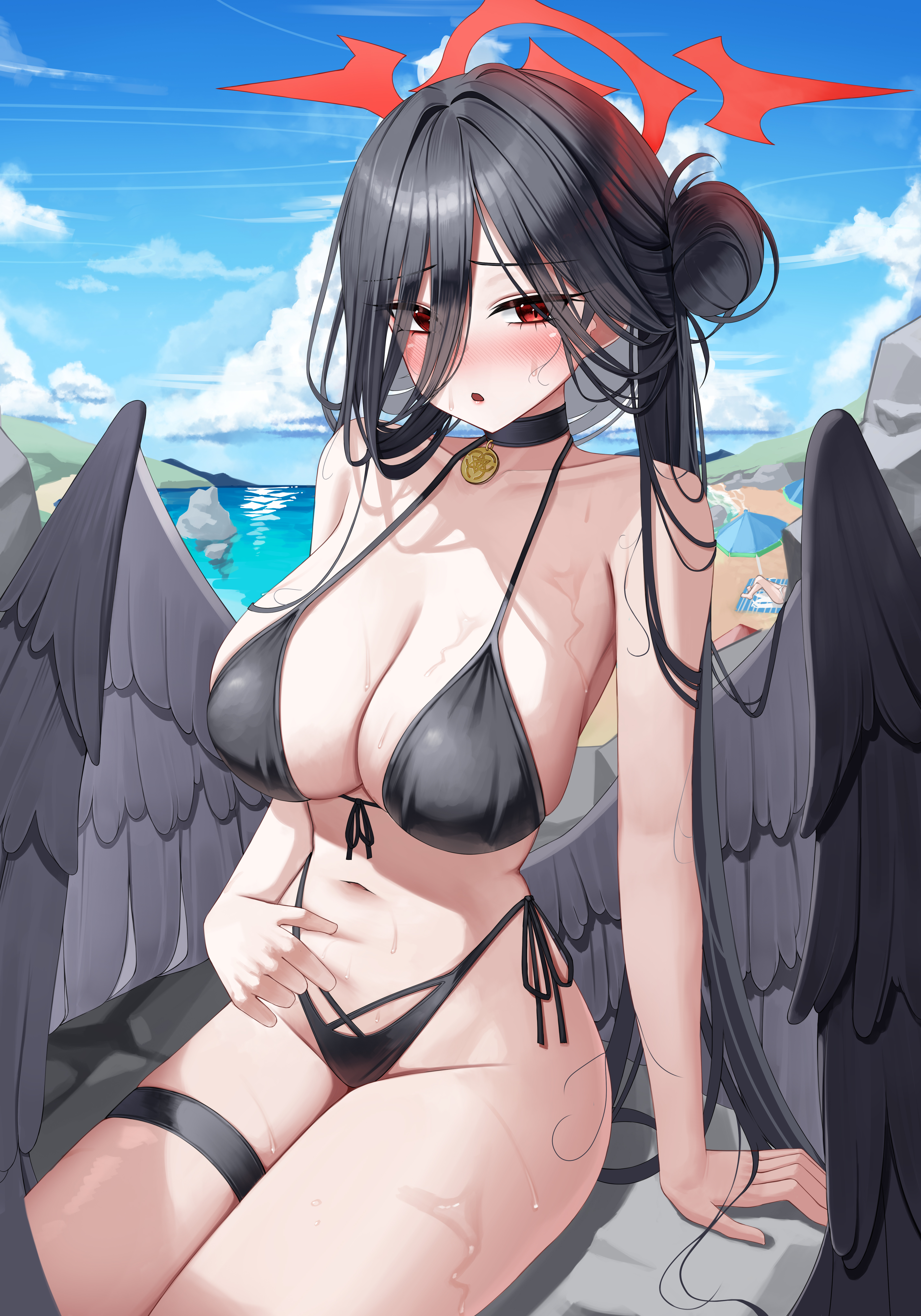 hsxxx, hasumi (blue archive), hasumi (swimsuit) (blue archive), blue archive, absurdres, highres, 1girl, bare arms, bare shoulders, bikini, black bikini, black choker, black hair, black wings, blush, breasts, choker, cleavage, feathered wings, hair between eyes, hair bun, halo, highleg, highleg bikini, huge breasts, long bangs, long hair, looking at viewer, navel, official alternate costume, official alternate hairstyle, open mouth, red eyes, red halo, side ponytail, solo, stomach, swimsuit, thigh strap, wings