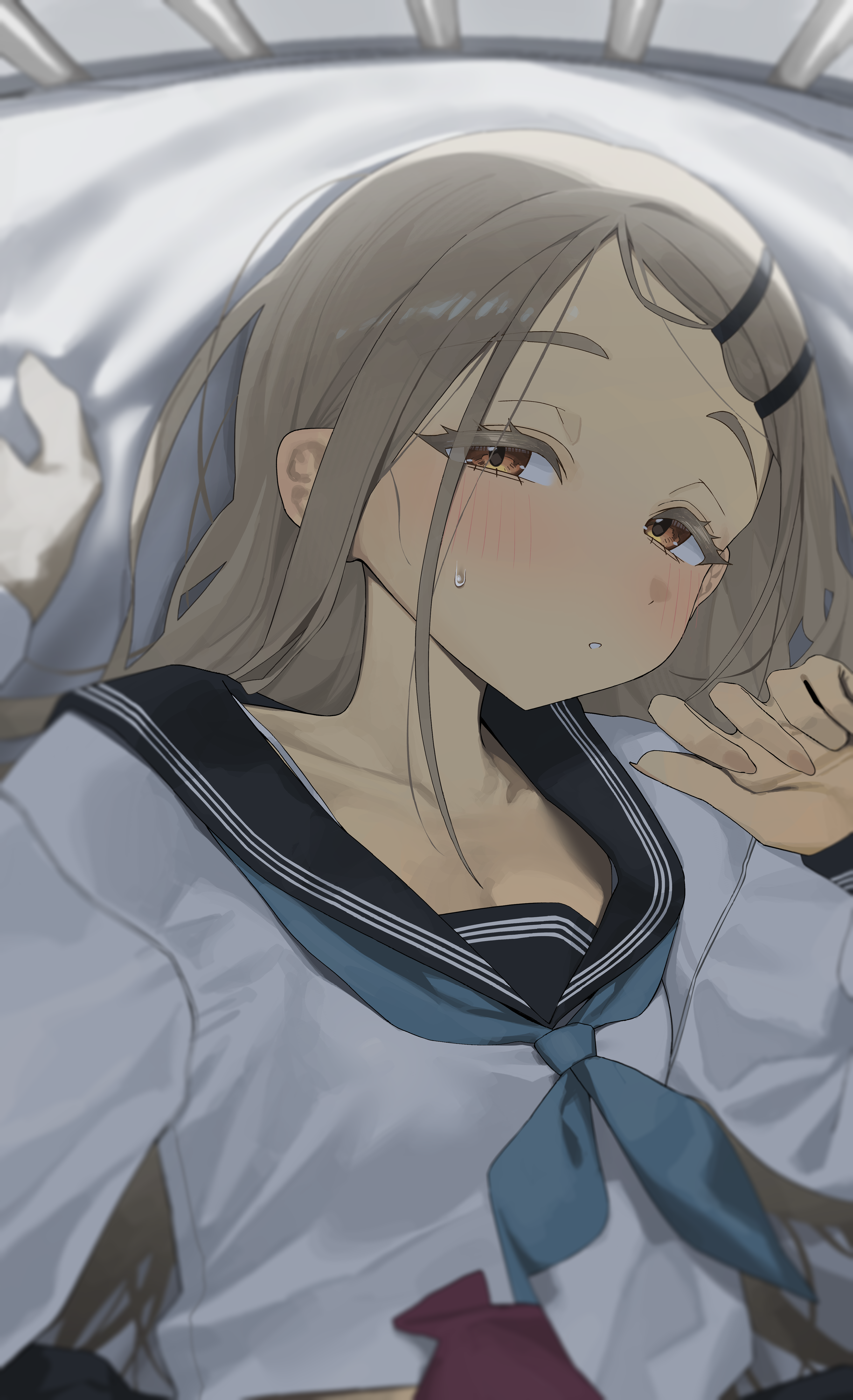 syhan, shinosawa hiro, gakuen idolmaster, idolmaster, absurdres, commentary, highres, 1girl, blush, brown eyes, collarbone, grey hair, hair ornament, hairclip, long hair, long sleeves, looking at viewer, lying, on back, parted lips, sailor collar, school uniform, serafuku, shirt, solo, sweat, upper body, white shirt