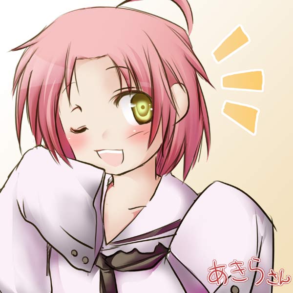 kogami akira, lucky star, 00s, pink hair, school uniform, serafuku, wink, yellow eyes