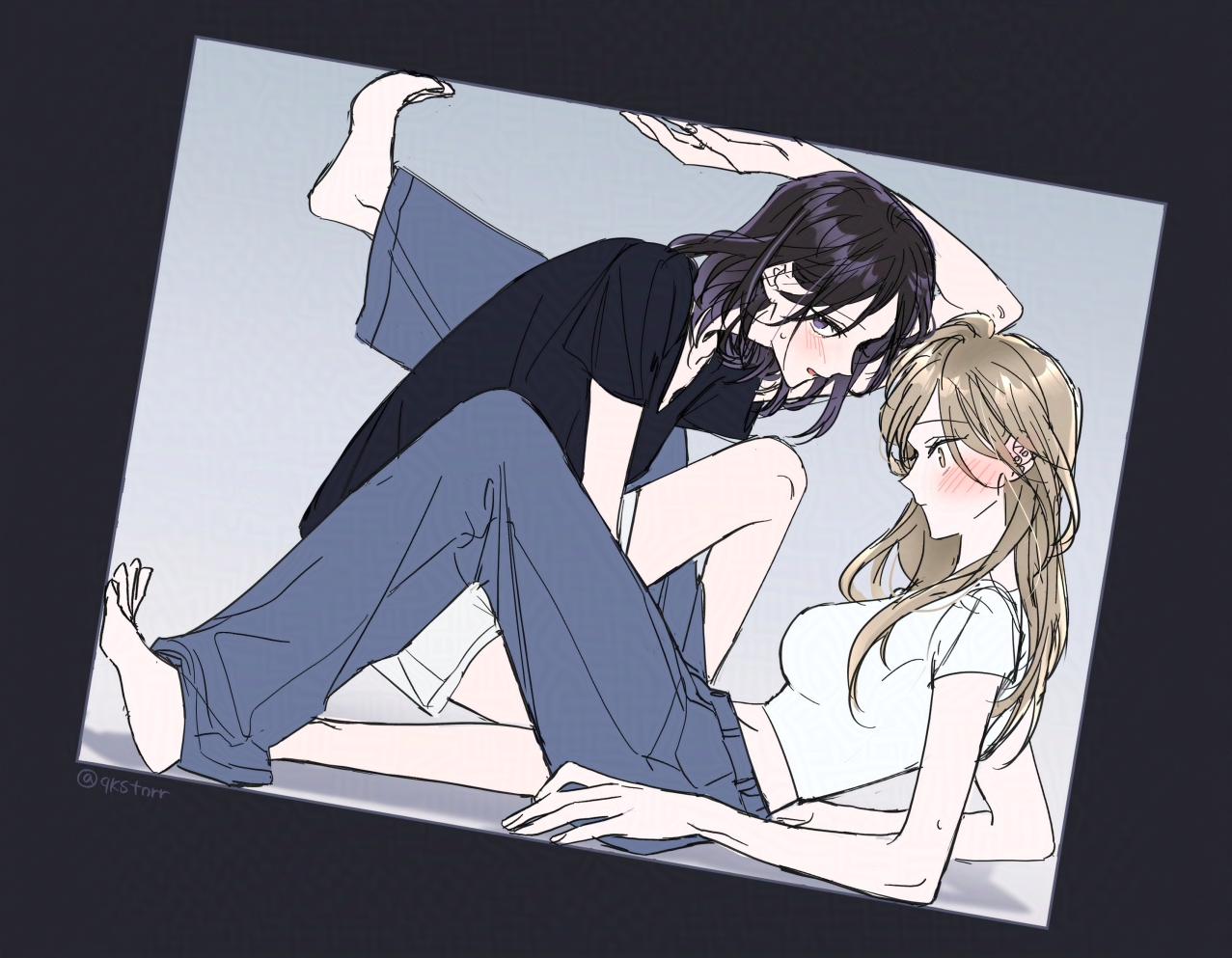 original, 2girls, barefoot, between legs, black hair, black shirt, blue pants, blush, brown hair, closed mouth, long hair, multiple girls, pants, parted lips, purple eyes, qkstnrr, shirt, short sleeves, shorts, stuck in a box, white shirt, white shorts, yellow eyes, yuri