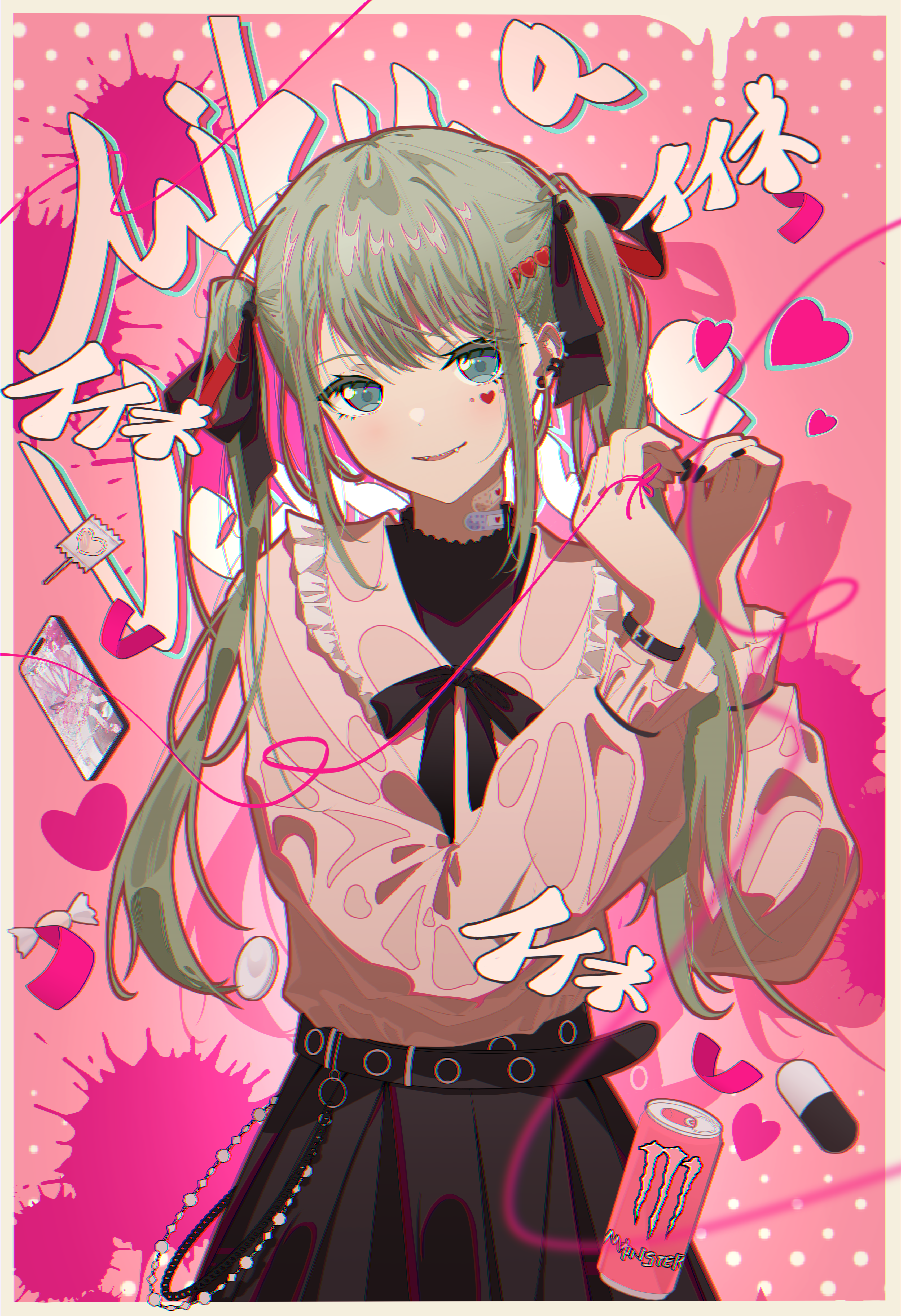 misaki (xxxhackerxxxxx), hatsune miku, monster energy, original, vampire (vocaloid), absurdres, commentary, highres, 1girl, aqua eyes, bandaid, bandaid on neck, black nails, black ribbon, black skirt, can, candy, cellphone, ear piercing, facial mark, fangs, food, green hair, heart, heart facial mark, jirai kei, lollipop, long hair, long sleeves, looking at viewer, nail polish, open mouth, phone, piercing, pink ribbon, pink shirt, ribbon, shirt, skirt, smartphone, solo, twintails