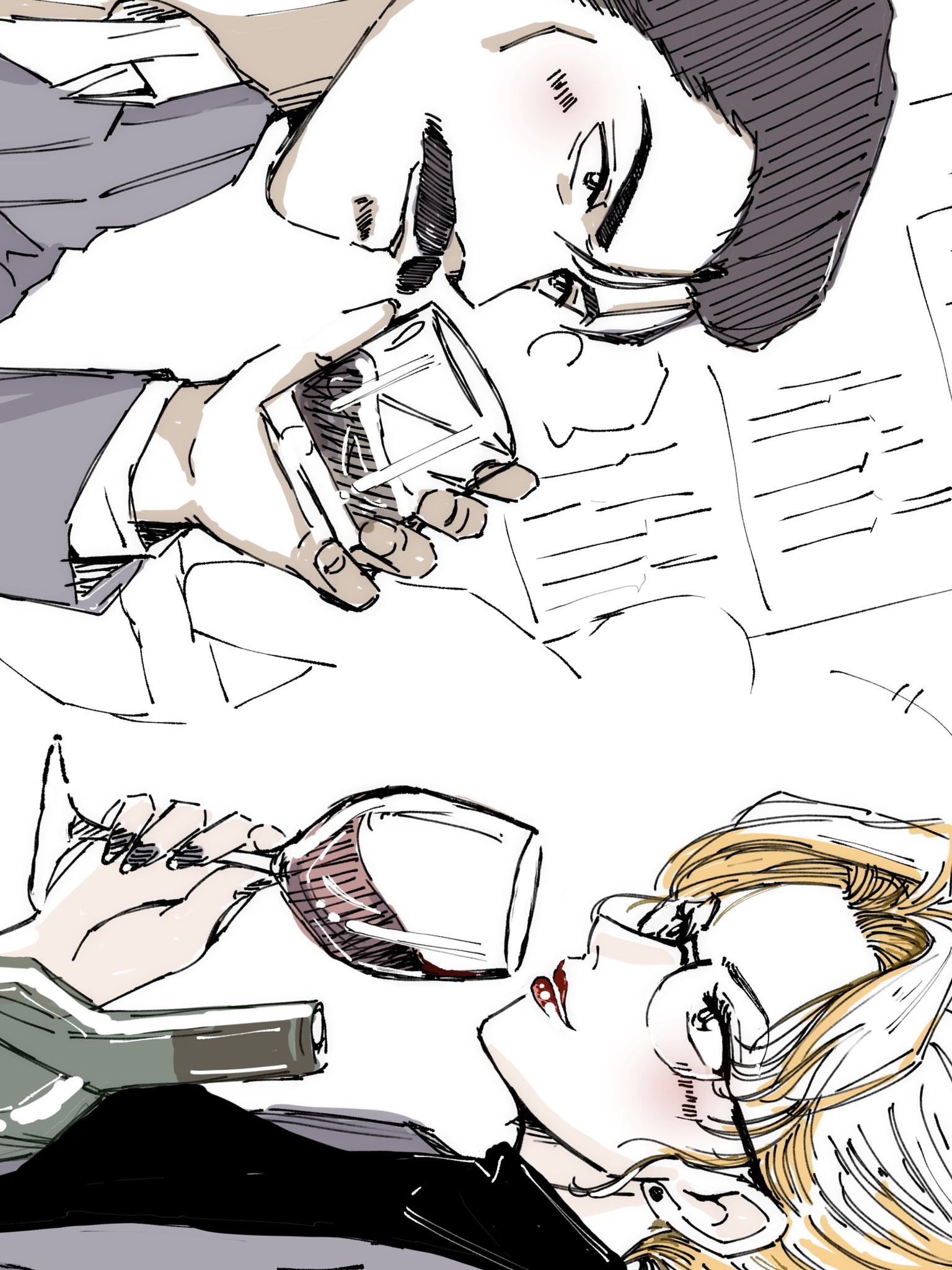 rio raspberry, kisaki eri, mouri kogoro, meitantei conan, highres, 1boy, 1girl, blonde hair, bottle, cup, drinking glass, eye contact, facial hair, formal clothes, hair bun, hair slicked back, holding, holding cup, looking at another, mustache, parted bangs, red lips, smile, suit, turtleneck, upper body, wine bottle, wine glass
