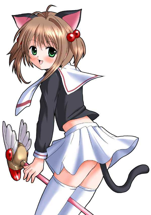 kinomoto sakura, cardcaptor sakura, 1990s (style), 1girl, animal ears, blush, brown eyes, cat ears, cat tail, child, female focus, green eyes, hobby horse, looking at viewer, retro artstyle, school uniform, serafuku, short hair, simple background, smile, solo, tail, thighhighs, tomoeda middle school uniform, white background