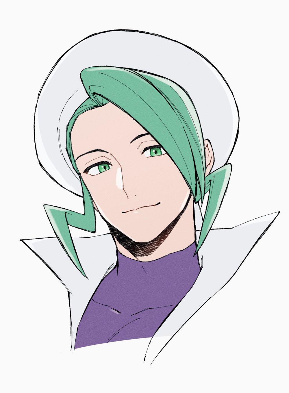 mocollie, wallace (pokemon), nintendo, pokemon, pokemon oras, commentary request, highres, 1boy, closed mouth, covered collarbone, green eyes, green hair, hat, looking at viewer, male focus, portrait, purple shirt, shirt, short hair, simple background, smile, solo, white background, white hat
