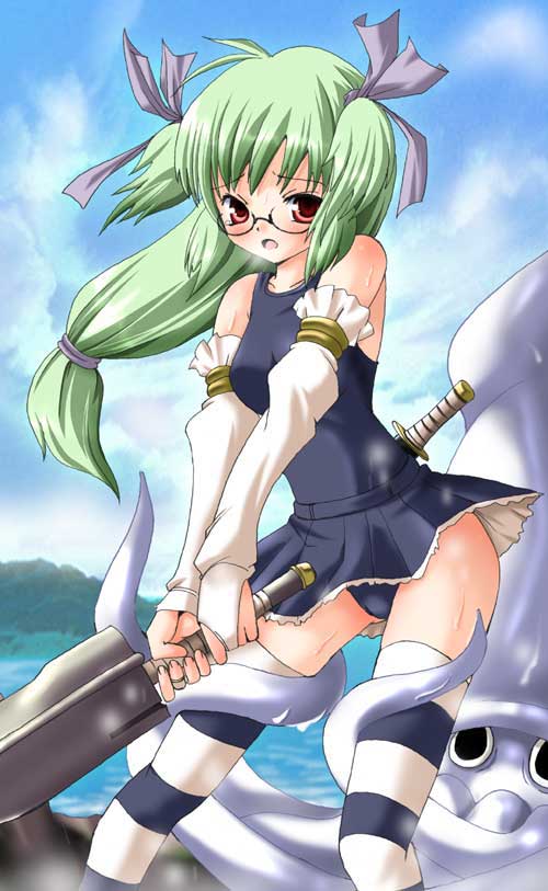 striped, bow, frills, glasses, green hair, red eyes, squid, sword, thighhighs, weapon