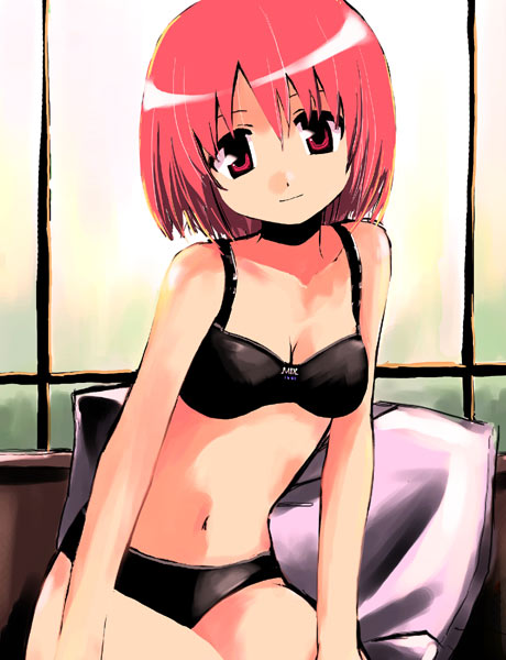 black bra, black lingerie, black panties, bra, lingerie, panties, red eyes, red hair, short hair, underwear