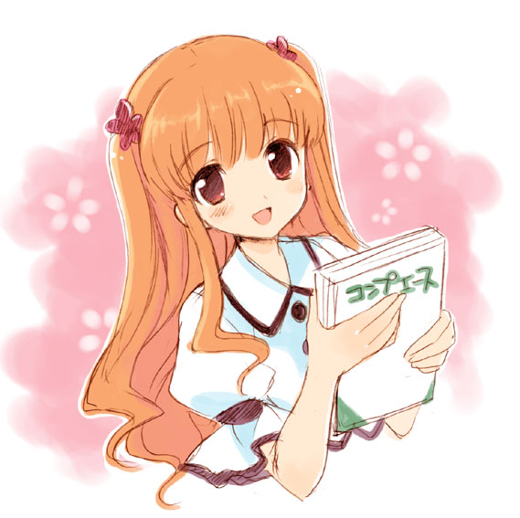 sakura koharu, original, 1girl, book, book focus, female focus, open mouth, orange hair, red eyes, sketch, smile, solo, upper body