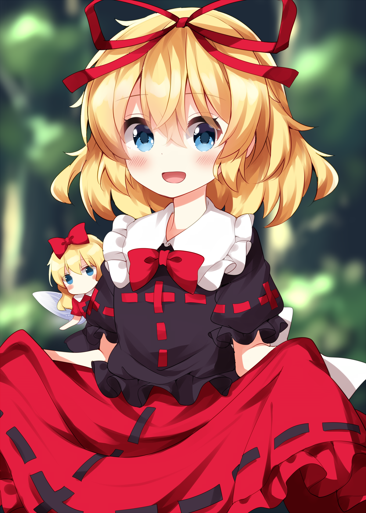 ruu (tksymkw), medicine melancholy, su-san, touhou, commentary, highres, 2girls, black shirt, blonde hair, blue eyes, blurry, blurry background, bow, bowtie, collared shirt, contrast collar, frilled shirt collar, frilled skirt, frilled sleeves, frills, green background, hair between eyes, hair ribbon, multiple girls, red bow, red bowtie, red ribbon, red skirt, ribbon, shirt, short hair, short sleeves, skirt, skirt hold