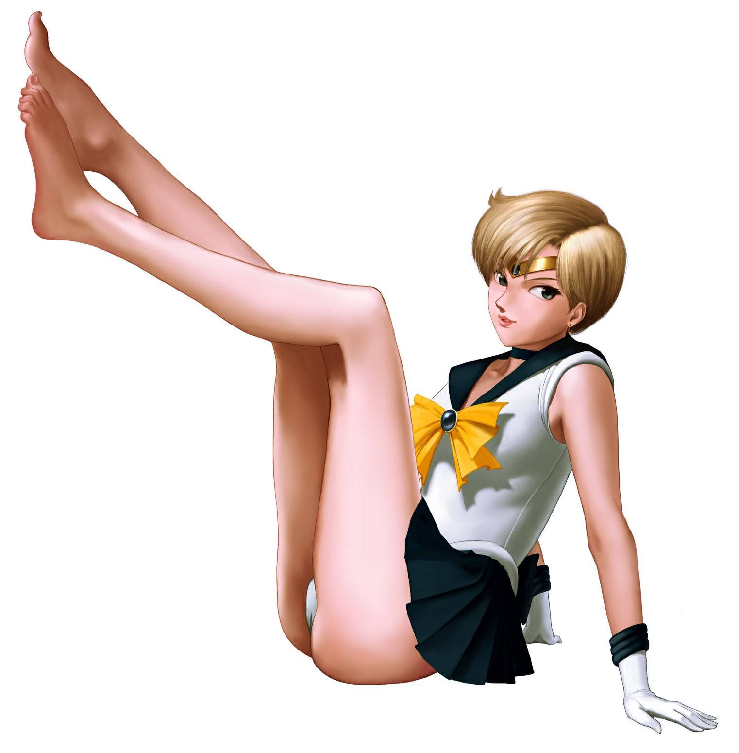 sailor uranus, ten'ou haruka, bishoujo senshi sailor moon, highres, 1990s (style), 1girl, blonde hair, choker, female focus, full body, gloves, panties, retro artstyle, school uniform, serafuku, short hair, simple background, solo, underwear, white background