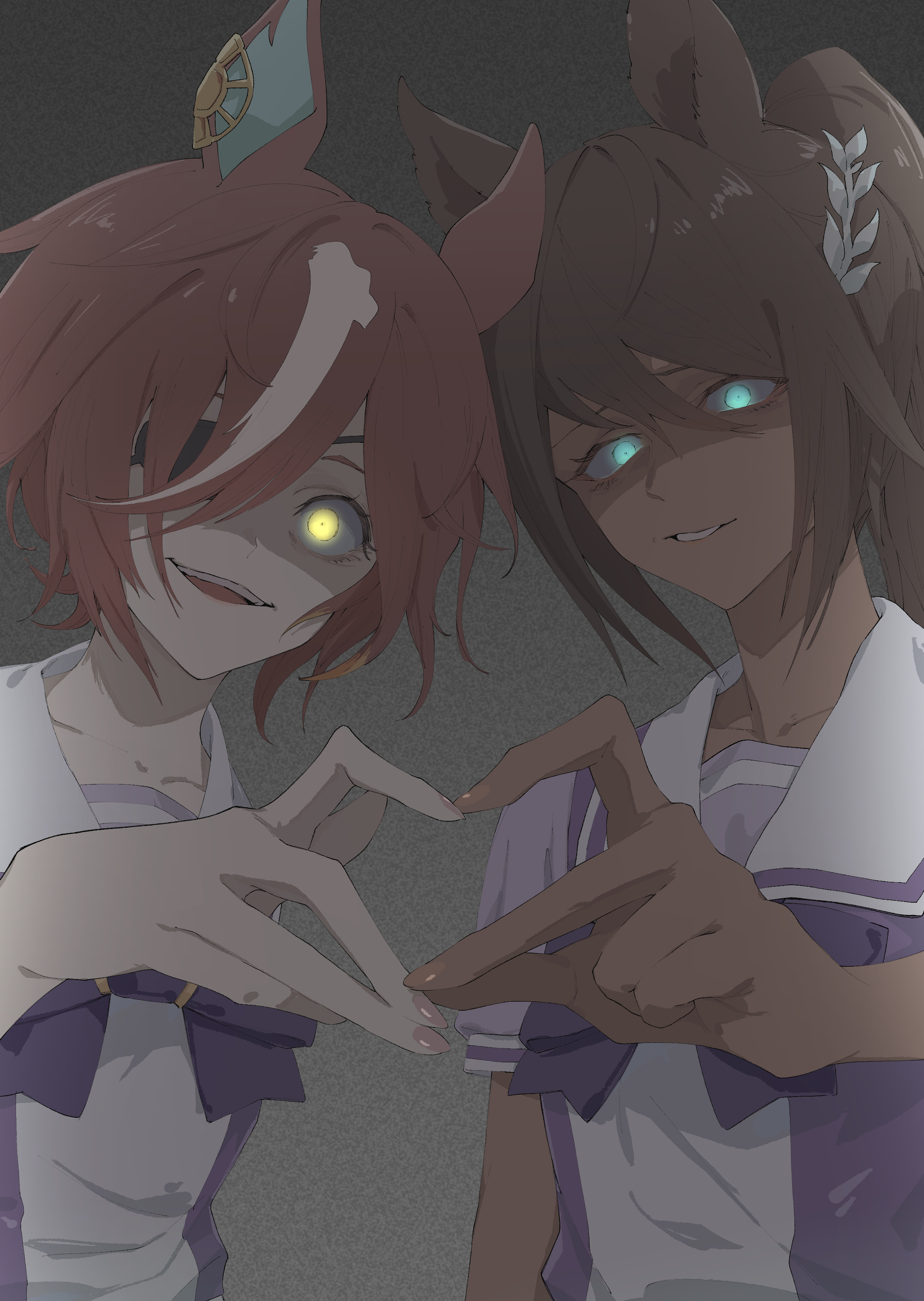 hasukurira, symboli kris s (umamusume), tanino gimlet (umamusume), umamusume, absurdres, commission, highres, pixiv commission, variant set, 2girls, animal ears, aqua eyes, arm at side, bare shoulders, brown hair, constricted pupils, crazy smile, dark-skinned female, dark skin, ear ornament, eyebrows hidden by hair, eyepatch, fingernails, glowing, glowing eye, hair between eyes, hand up, heart, heart hands, heart hands duo, high ponytail, horse ears, long hair, multicolored hair, multiple girls, one eye covered, open mouth, partially shaded face, ponytail, raised eyebrows, raised inner eyebrows, school uniform, shirt, short hair, smile, tracen school uniform, two-tone hair, upper body, wide-eyed, yellow eyes