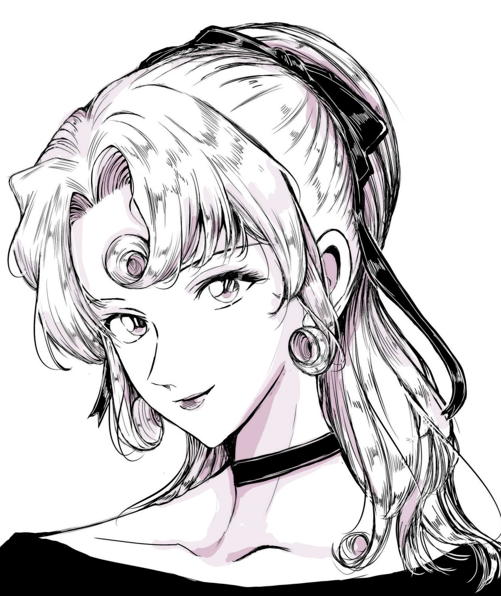 rio raspberry, kudou yukiko, meitantei conan, commentary, highres, 1girl, choker, closed mouth, drill hair, greyscale, monochrome, ponytail, portrait, sidelocks, simple background, smile, solo