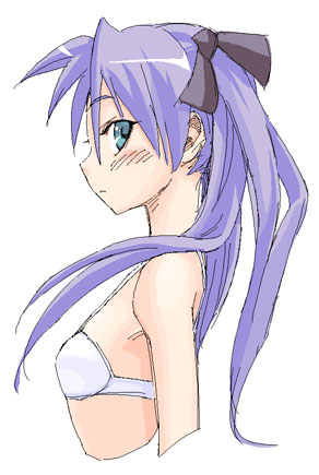 satou atsuki, hiiragi kagami, lucky star, lowres, 00s, 1girl, bare shoulders, blush, bra, breasts, eyelashes, female focus, hair ribbon, lingerie, long hair, midriff, profile, purple eyes, purple hair, ribbon, sideboob, simple background, small breasts, solo, tsurime, twintails, underwear