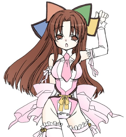 95-tan, os-tan, artist request, tagme, 1girl, alternate costume, bare shoulders, bow, breasts, brown eyes, brown hair, cowboy shot, detached sleeves, facing viewer, female focus, frilled thighhighs, frills, hair bow, leotard, long hair, looking at viewer, medium breasts, necktie, pink bow, pink leotard, pink necktie, simple background, solo, standing, thighhighs, white background, white thighhighs