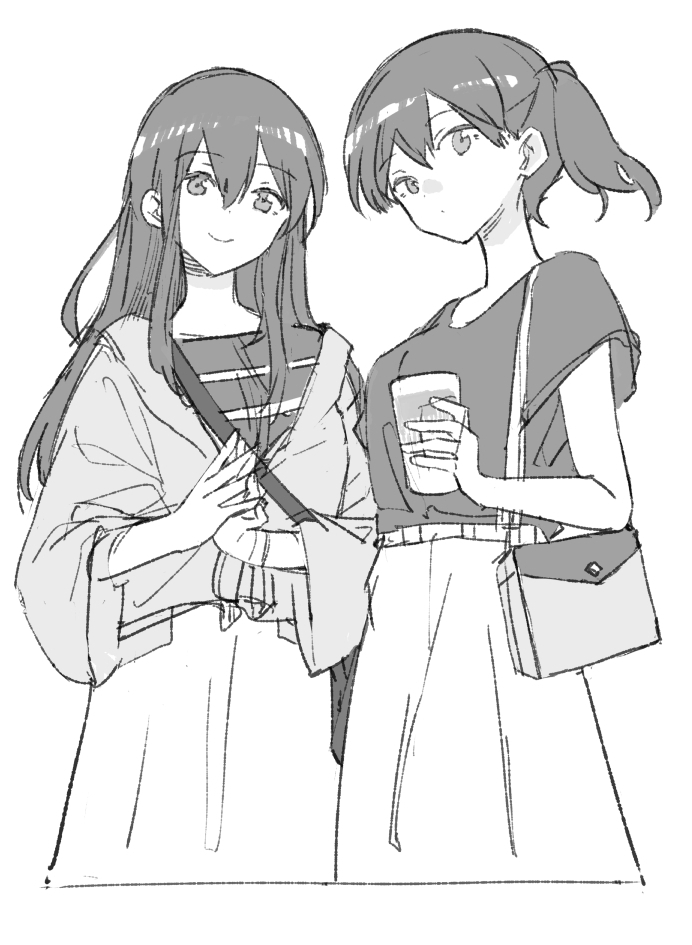 takamachiya, akagi (kancolle), akagi (kure 2019) (kancolle), kaga (kancolle), kantai collection, 2girls, cowboy shot, drink, glass, greyscale, holding, jacket, kaga (kure) (kancolle), long hair, long skirt, looking at viewer, monochrome, multiple girls, official alternate costume, short hair, side ponytail, skirt, smile