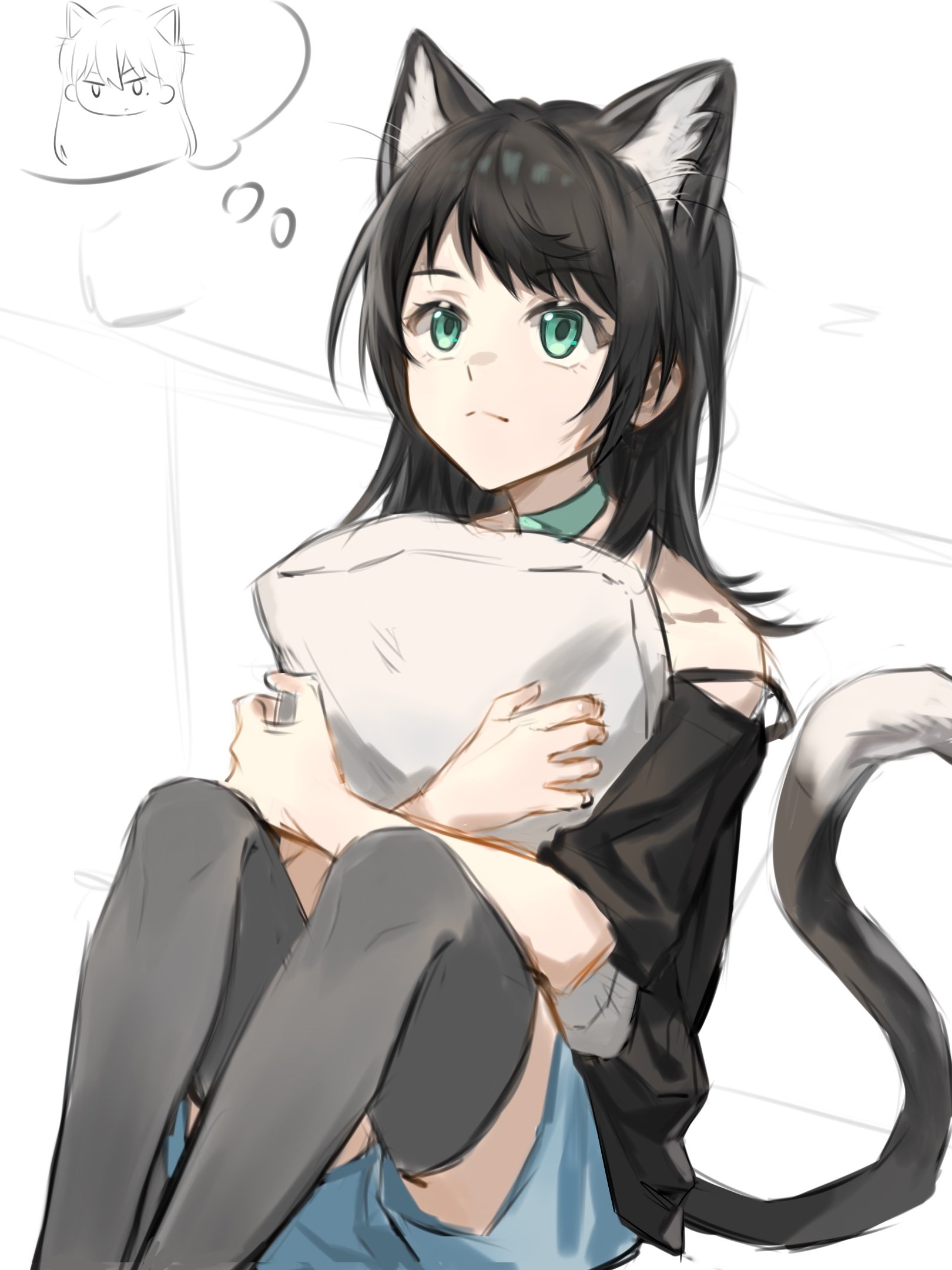 trileo405, shiina taki, yahata umiri, bang dream!, bang dream! it's mygo!!!!!, highres, 1girl, animal ears, aqua choker, aqua eyes, black hair, black shirt, black thighhighs, blue shorts, cat ears, cat girl, cat tail, choker, closed mouth, hugging object, kemonomimi mode, medium hair, pillow, pillow hug, shirt, short sleeves, shorts, solo, speech bubble, strap slip, tail, thighhighs, thought bubble