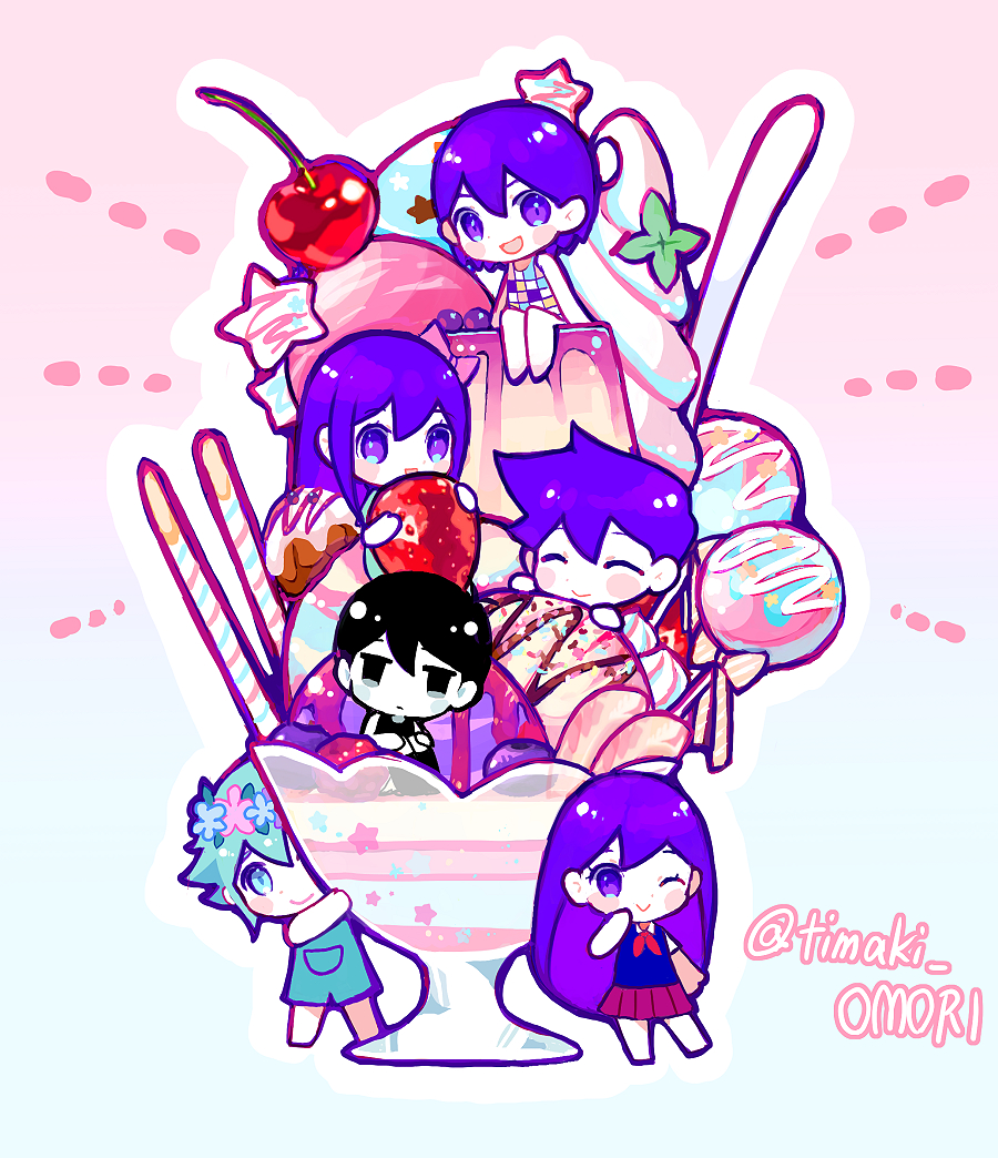 timaki, aubrey (headspace) (omori), aubrey (omori), basil (headspace) (omori), basil (omori), hero (headspace) (omori), hero (omori), kel (headspace) (omori), kel (omori), mari (headspace) (omori), mari (omori), omori (omori), omori, 2girls, 4boys, antenna hair, barefoot, black eyes, black hair, blue overalls, bow, cherry, chibi, chibi only, closed eyes, closed mouth, collared shirt, colored skin, expressionless, flower, flower wreath, food, fruit, green eyes, green hair, hair bow, head wreath, holding, holding food, ice cream, long hair, multiple boys, multiple girls, neckerchief, one eye closed, overalls, pink bow, pleated skirt, purple eyes, purple hair, purple sweater vest, red neckerchief, red skirt, shirt, short hair, short sleeves, sitting, skirt, strawberry, sundae, sweater vest, tank top, white shirt, white skin