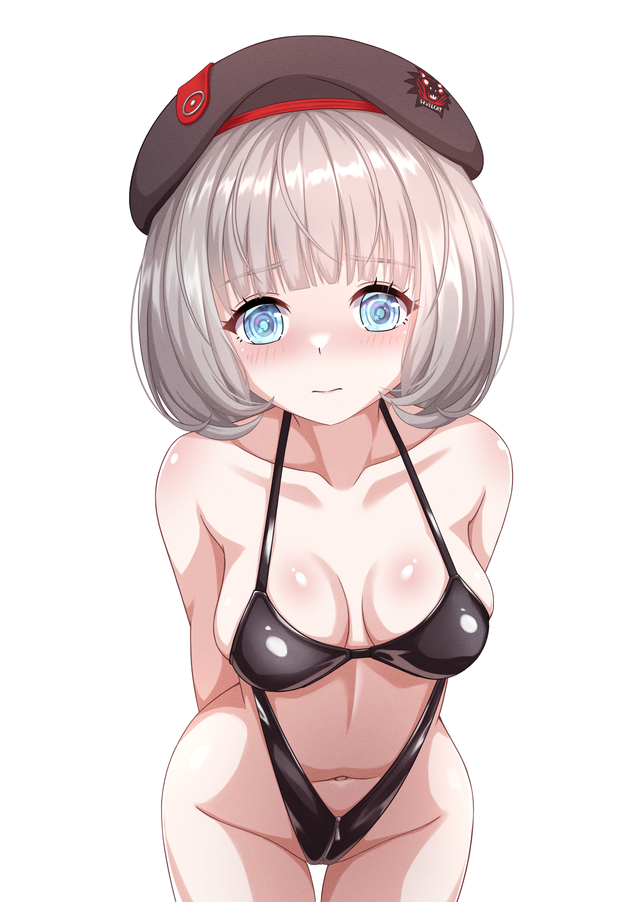 chi xiao, vesti (nikke), goddess of victory: nikke, highres, 1girl, beret, black hat, black one-piece swimsuit, blue eyes, breasts, casual one-piece swimsuit, clothing cutout, cowboy shot, grey hair, hat, leaning forward, medium breasts, one-piece swimsuit, short hair, simple background, solo, stomach cutout, super highleg, swimsuit, white background