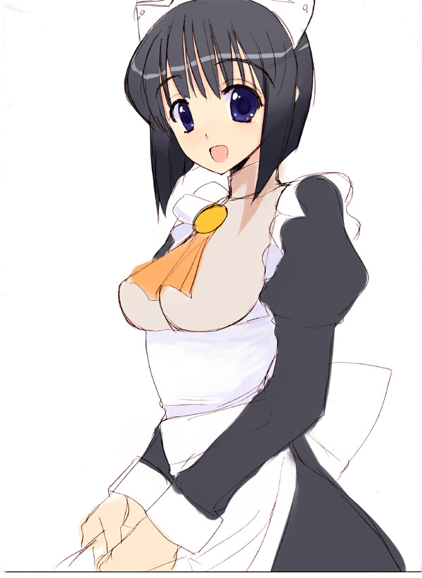 kusaka souji, siesta (zero no tsukaima), zero no tsukaima, 00s, 1girl, apron, ascot, black hair, blue eyes, female focus, maid, maid apron, maid headdress, puffy sleeves, short hair, sketch, smile, solo, white background