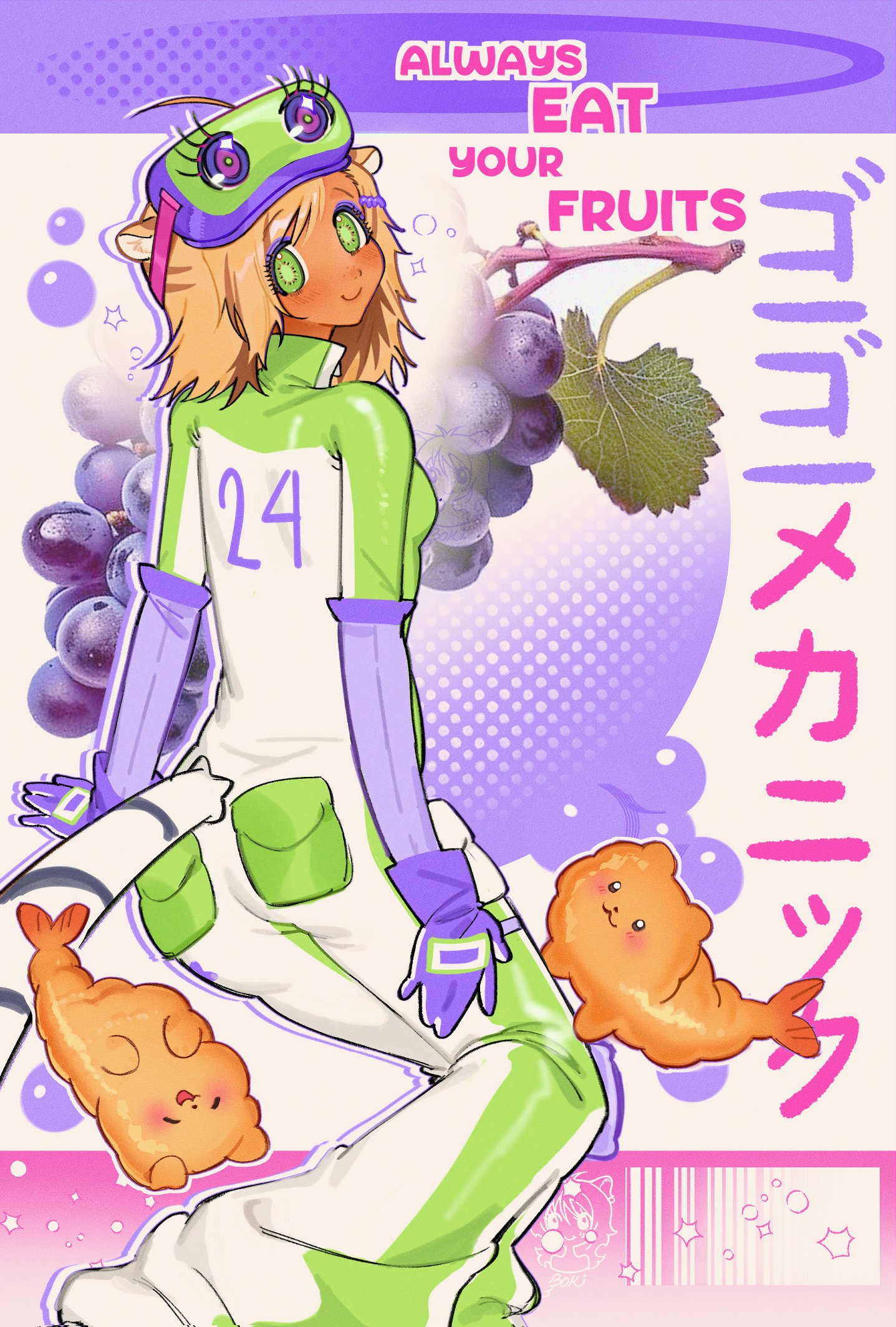 mitsutadaki, original, commentary, english commentary, headwear request, highres, translation request, 1girl, ahoge, animal ears, barcode, blonde hair, breasts, creature, dark-skinned female, dark skin, english text, food, from behind, fruit, gloves, grapes, green eyes, looking at viewer, medium hair, pocket, purple gloves, racing suit, shrimp, shrimp tempura, small breasts, solo, tail, tempura, tiger ears, tiger girl, tiger tail, track suit, watermark