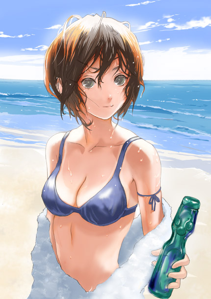 fuyuno haruaki, original, 1girl, bikini, bikini top only, blue bikini, day, female focus, ramune, solo, swimsuit