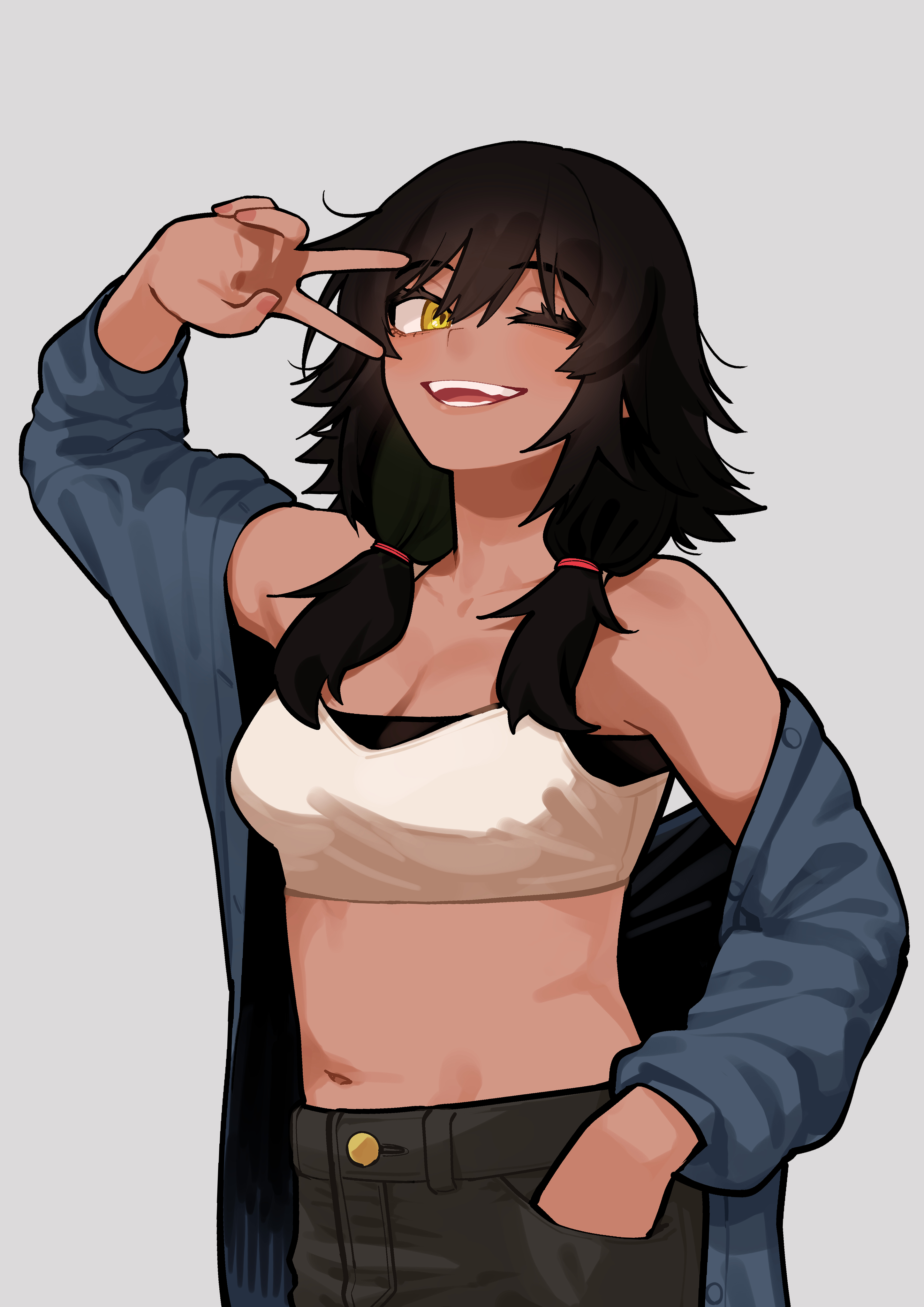kanke (kank06020602), original, absurdres, highres, 1girl, ;d, arm up, bare shoulders, black hair, black shorts, blue jacket, breasts, cleavage, collarbone, crop top, dark-skinned female, dark skin, grey background, hand in pocket, jacket, low twintails, medium breasts, midriff, navel, off shoulder, one eye closed, open mouth, shirt, shorts, simple background, sleeveless, sleeveless shirt, smile, solo, stomach, twintails, upper body, v, v over eye, yellow eyes, yuuyuu jiteki.