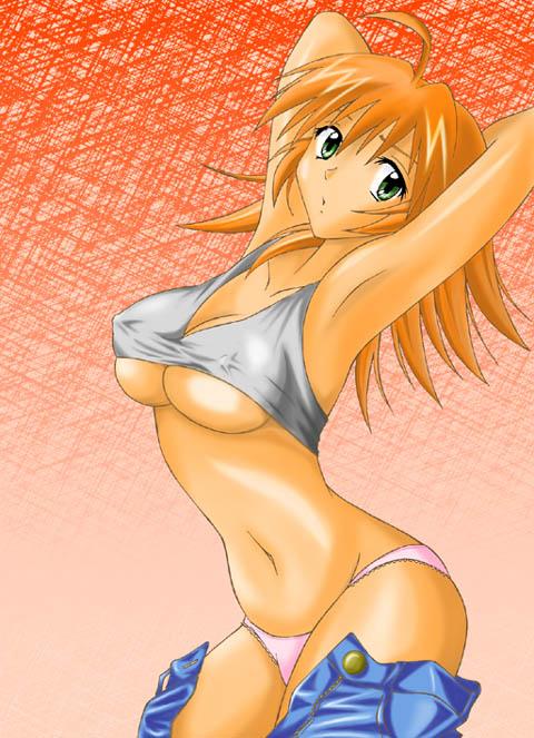 sonsaku hakufu, ikkitousen, 00s, armpits, breasts, covered erect nipples, hip focus, midriff, orange hair, panties, tank top, thighs, underboob, underwear