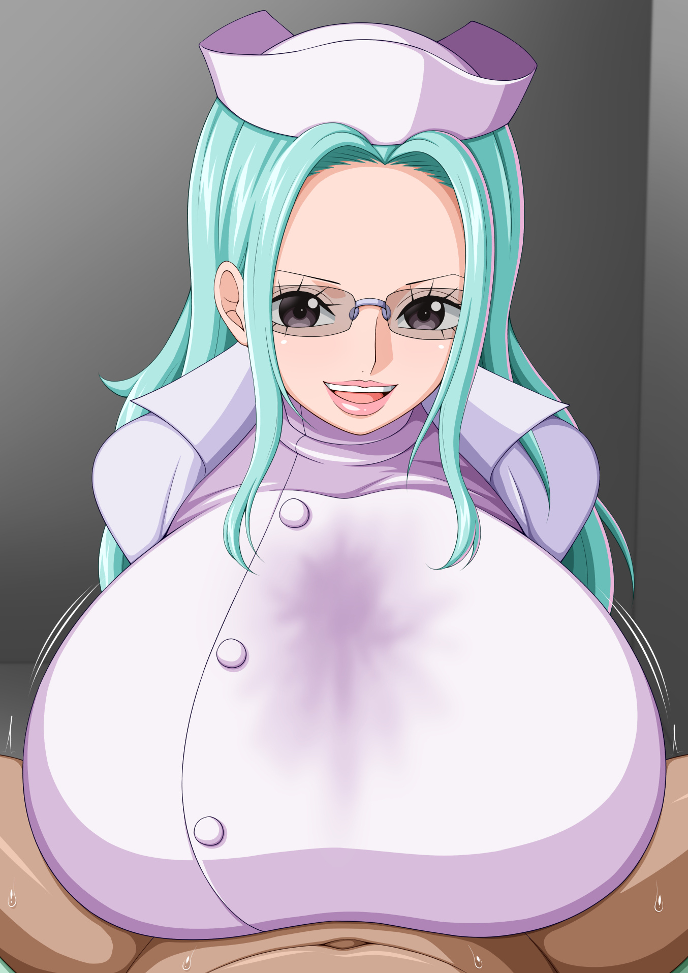 koktter, alpha (one piece), 1boy, 1girl, breasts, cleavage, huge breasts, long hair, one piec, paizuri, smile