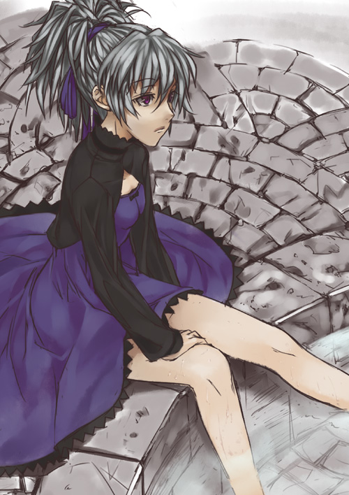 mizuki makoto, yin (darker than black), darker than black, 00s, 1girl, dress, female focus, grey hair, hair ribbon, long sleeves, ponytail, purple dress, purple eyes, purple ribbon, ribbon, sitting, soaking feet, solo, water, wet