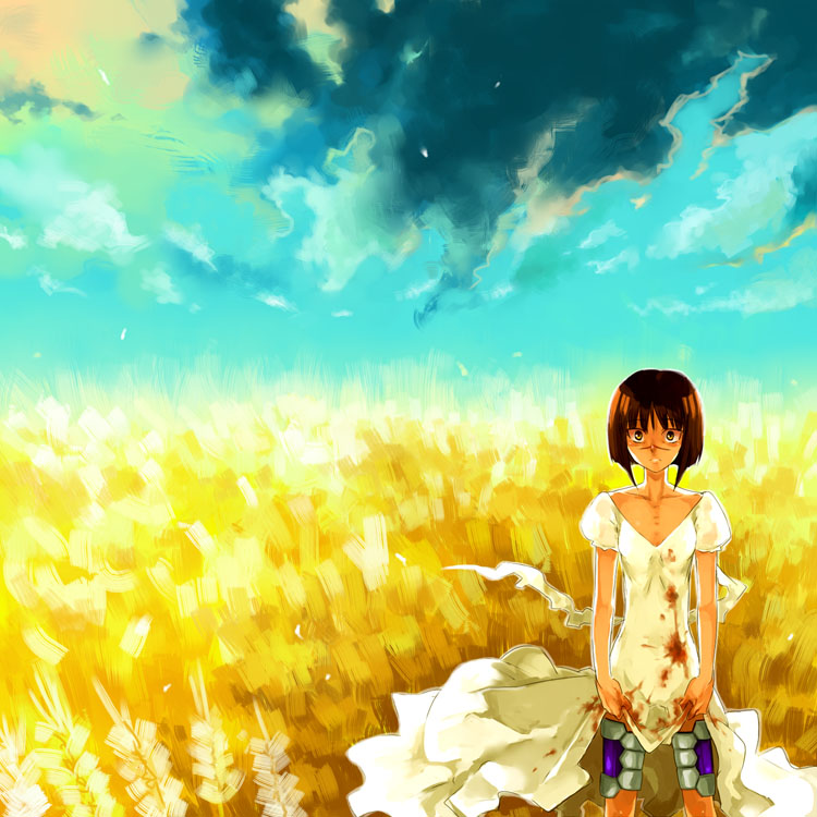 tsumura tokiko, busou renkin, tagme, 00s, 1girl, blood, clothes lift, dress, dress lift, female focus, nature, outdoors, plant, scar, short hair, sky, solo, yellow eyes