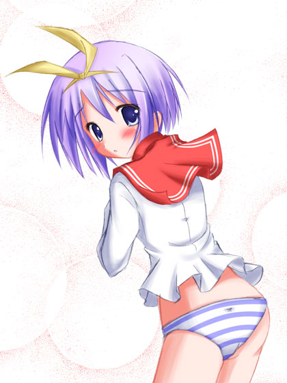 yoshiharu, hiiragi tsukasa, lucky star, 00s, no pants, panties, school uniform, serafuku, solo, striped clothes, striped panties, underwear