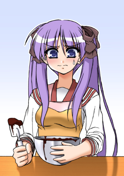 kiryuu makoto, osamada meika, hiiragi kagami, lucky star, 00s, 1girl, apron, blue background, blue eyes, bowl, chocolate, chocolate making, female focus, gradient background, long hair, mixing bowl, purple hair, ribbon, school uniform, serafuku, sleeves pushed up, solo, spatula, twintails, very long hair, white background
