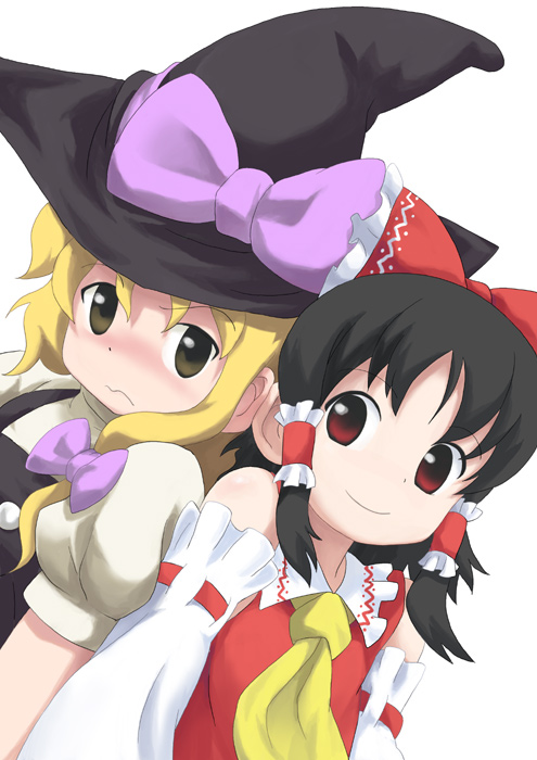 gahiro, sunviola, hakurei reimu, kirisame marisa, touhou, eyebrows, 2girls, ascot, black hair, black hat, blonde hair, bow, braid, closed mouth, detached sleeves, dutch angle, female focus, frills, hair bow, hair tubes, hat, hat bow, japanese clothes, long hair, looking at viewer, looking to the side, maid, miko, multiple girls, purple bow, red bow, red eyes, red ribbon, ribbon, ribbon-trimmed sleeves, ribbon trim, shirt, short hair, side-by-side, simple background, single braid, smile, upper body, wavy mouth, white background, white shirt, witch hat, yellow eyes