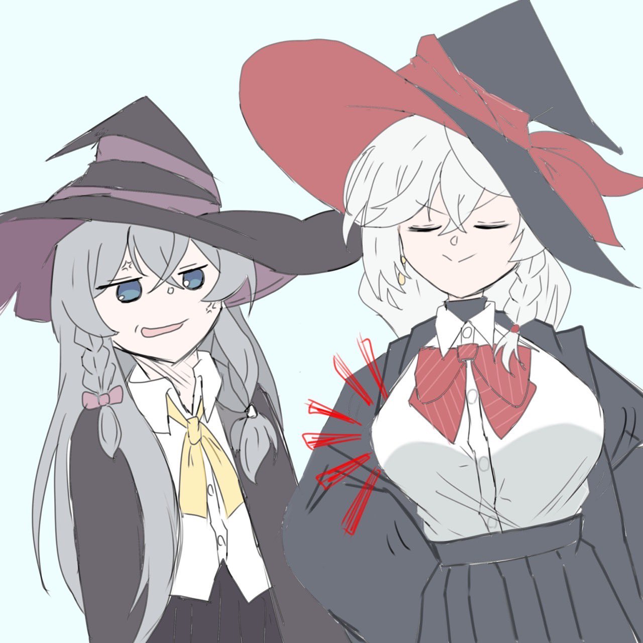 elaina (majo no tabitabi), eri (blue archive), blue archive, majo no tabitabi, anger vein, blue eyes, bow, bowtie, braid, closed eyes, halo, hat, jacket, long coat, long hair, orange eyes, shirt, skirt, smug, sweater, white hair, witch hat