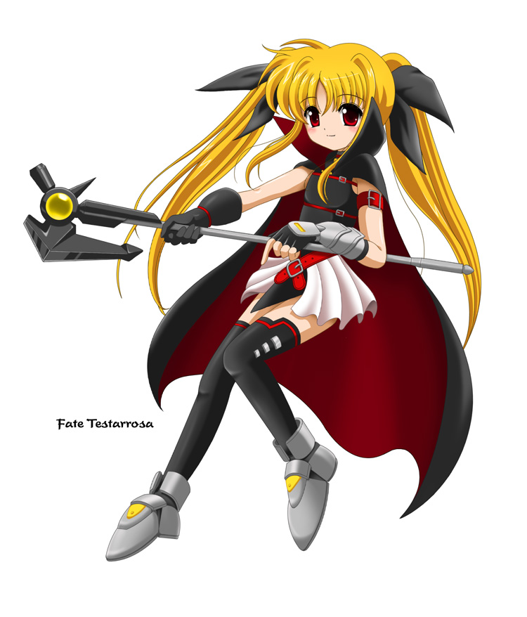 flipper, bardiche (assault form) (nanoha), bardiche (nanoha), fate testarossa, fate testarossa (lightning form), lyrical nanoha, mahou shoujo lyrical nanoha, 00s, 1girl, blonde hair, character name, female focus, miniskirt, skirt, solo, thighhighs, twintails, zettai ryouiki