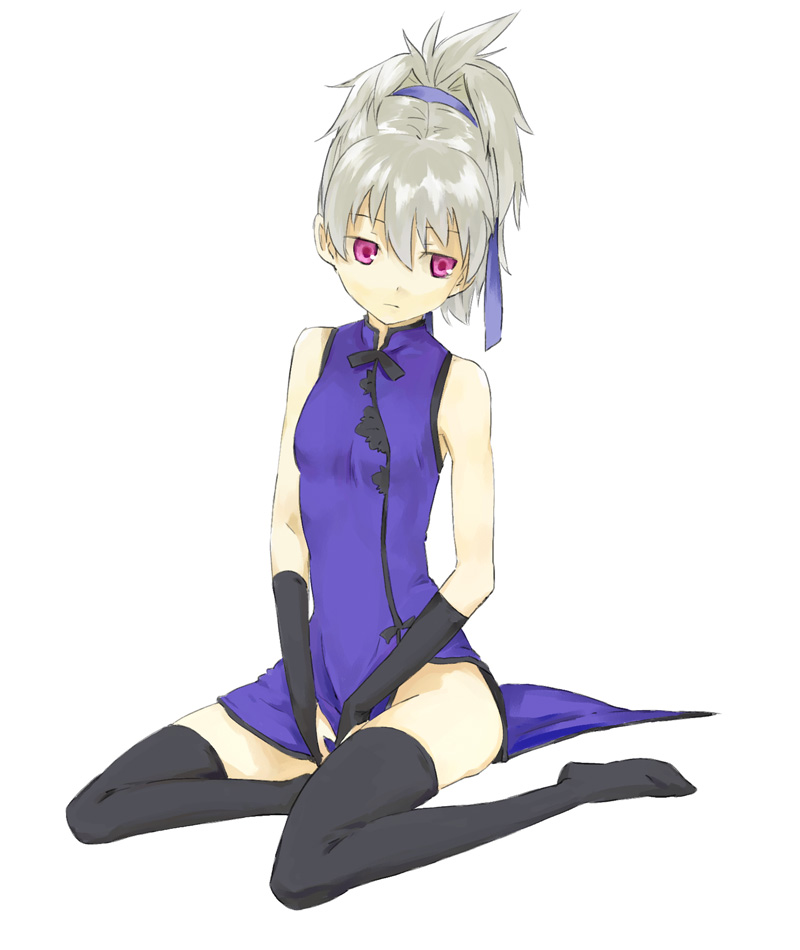 u (the unko), yin (darker than black), darker than black, 00s, 1girl, china dress, chinese clothes, dress, elbow gloves, female focus, gloves, no panties, purple skirt, skirt, solo, thighhighs