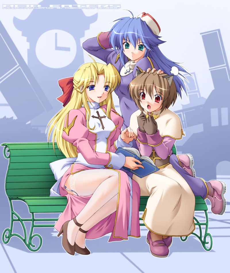 kazuma muramasa, acolyte (ragnarok online), high priest (ragnarok online), priest (ragnarok online), ragnarok online, animal ears, bench, blonde hair, blouse, blue hair, book, bow, dress, garter straps, hair between eyes, half updo, hand on another's head, headdress, in-universe location, pantyhose, parted bangs, pink shirt, priest, priestess, shirt, thighhighs, two-tone dress