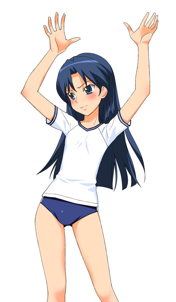 a1 (initial-g), kisaragi chihaya, idolmaster, idolmaster (classic), idolmaster 1, 00s, 1girl, arms up, blue eyes, blue hair, blush, buruma, contrapposto, female focus, gym uniform, long hair, matching hair/eyes, parted lips, simple background, solo, standing, teeth, very long hair, wavy mouth, white background