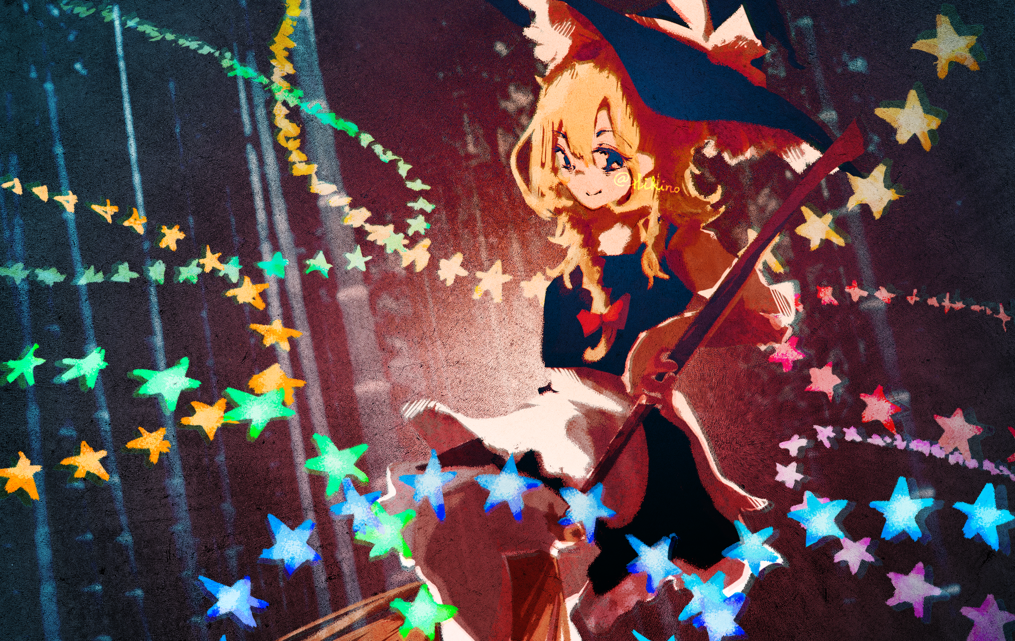 kirisame marisa, imperishable night, touhou, absurdres, highres, 1girl, black dress, blonde hair, broom, broom riding, danmaku, dress, hair ornament, hat, hikino, star (symbol), witch hat