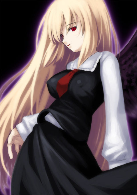 ex-rumia, rumia, embodiment of scarlet devil, touhou, 1girl, aged up, alternate hair length, alternate hairstyle, black wings, blonde hair, breasts, covered erect nipples, female focus, large breasts, long hair, necktie, red eyes, red necktie, solo, wings