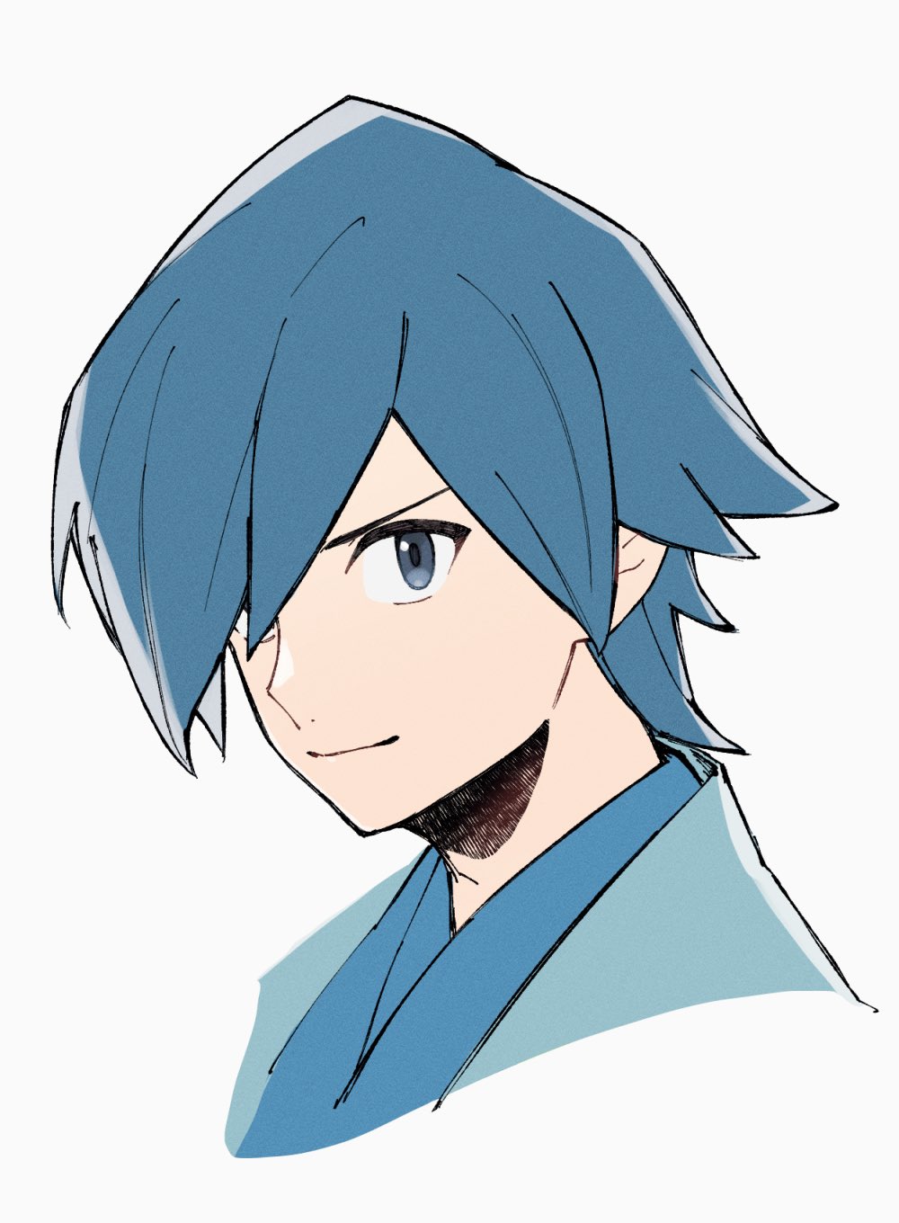 mocollie, falkner (pokemon), nintendo, pokemon, pokemon hgss, commentary request, highres, 1boy, blue hair, blue jacket, blue kimono, closed mouth, grey eyes, hair over one eye, jacket, japanese clothes, kimono, male focus, portrait, short hair, simple background, smile, solo, white background