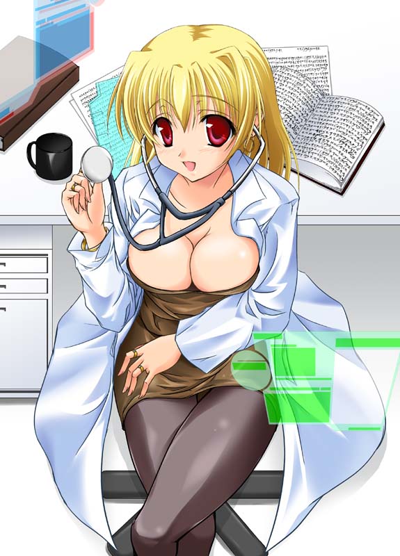 maho (yakimorokoshi), shamal, lyrical nanoha, mahou shoujo lyrical nanoha, mahou shoujo lyrical nanoha strikers, 00s, 1girl, blonde hair, breasts, cleavage, crossed legs, female focus, lab coat, large breasts, pantyhose, pencil skirt, sitting, skirt, solo, stethoscope