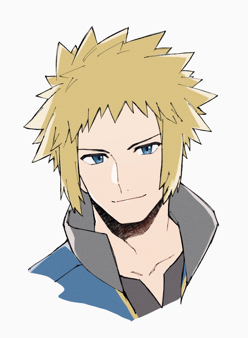 mocollie, volkner (pokemon), nintendo, pokemon, pokemon dppt, commentary request, highres, 1boy, blonde hair, blue eyes, blue jacket, closed mouth, collarbone, jacket, male focus, portrait, shirt, short hair, simple background, smile, solo, spiked hair, white background