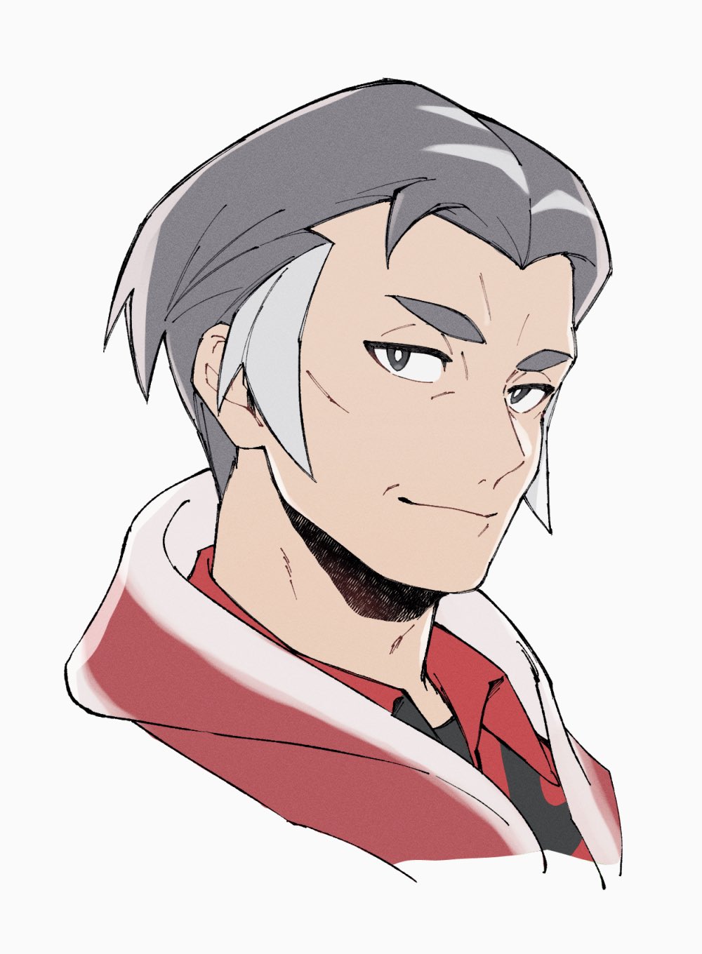 mocollie, kabu (pokemon), nintendo, pokemon, pokemon swsh, commentary request, highres, 1boy, black eyes, bright pupils, closed mouth, collared shirt, grey hair, looking at viewer, male focus, portrait, red shirt, shirt, short hair, simple background, smile, solo, towel, towel around neck, white background, white pupils