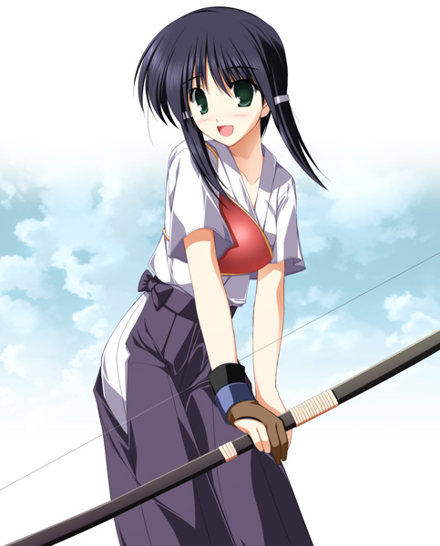 yuuki makoto (radiant), nakata suzume, natsuiro komachi, original, 1girl, archery, blue hair, blush, bow (weapon), cloud, female focus, gloves, green eyes, hair ornament, hairclip, hakama, hakama skirt, japanese clothes, kyuudou, muneate, partially fingerless gloves, partly fingerless gloves, single glove, skirt, sky, smile, solo, weapon, yugake