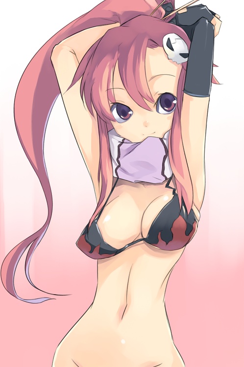 mikage sekizai, yoko littner, tengen toppa gurren lagann, 00s, 1girl, asymmetrical gloves, bikini, bikini top only, bottomless, breasts, cleavage, female focus, gloves, midriff, ponytail, red hair, scarf, solo, stomach, swimsuit, uneven gloves