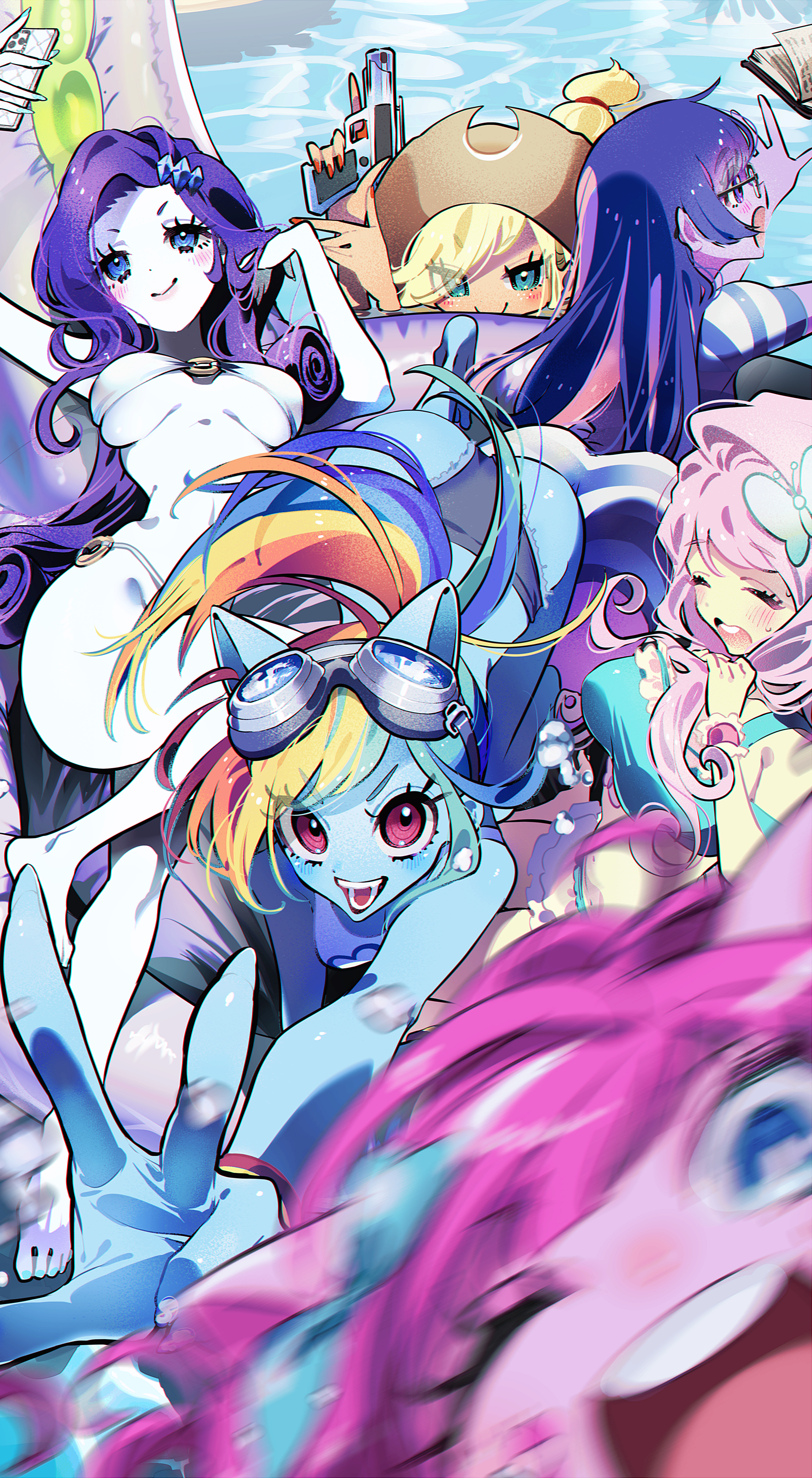sunao saito, applejack, applejack (equestria girls), fluttershy, fluttershy (equestria girls), mane six (my little pony), pinkie pie, pinkie pie (equestria girls), rainbow dash, rainbow dash (equestria girls), rarity (equestria girls), rarity (my little pony), sci-twi, twilight sparkle, my little pony, my little pony: equestria girls, my little pony: friendship is magic, absurdres, commentary request, highres, 6+girls, animal ears, aqua bikini, ass, beach, bikini, blonde hair, blue eyes, blue skin, book, breasts, brown hat, butterfly hair ornament, closed eyes, colored skin, cowboy hat, fake animal ears, goggles, goggles on head, green eyes, hair ornament, hat, holding, holding water gun, horse ears, large breasts, long hair, looking at viewer, medium breasts, motion blur, multicolored hair, multiple girls, one eye closed, orange skin, outdoors, outstretched hand, pink hair, pink skin, ponytail, purple hair, purple skin, rainbow hair, red eyes, smile, streaked hair, swim ring, swimsuit, tomboy, underboob, water, water gun, white bikini, white skin, yellow skin