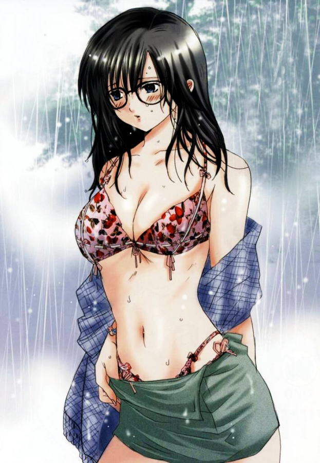 toujou aya, ichigo 100%, 00s, 1girl, black hair, blush, bra, breasts, cleavage, female focus, glasses, large breasts, navel, open clothes, open shirt, parted lips, rain, shirt, solo, standing, swimsuit, underwear, undressing, wet, wet clothes