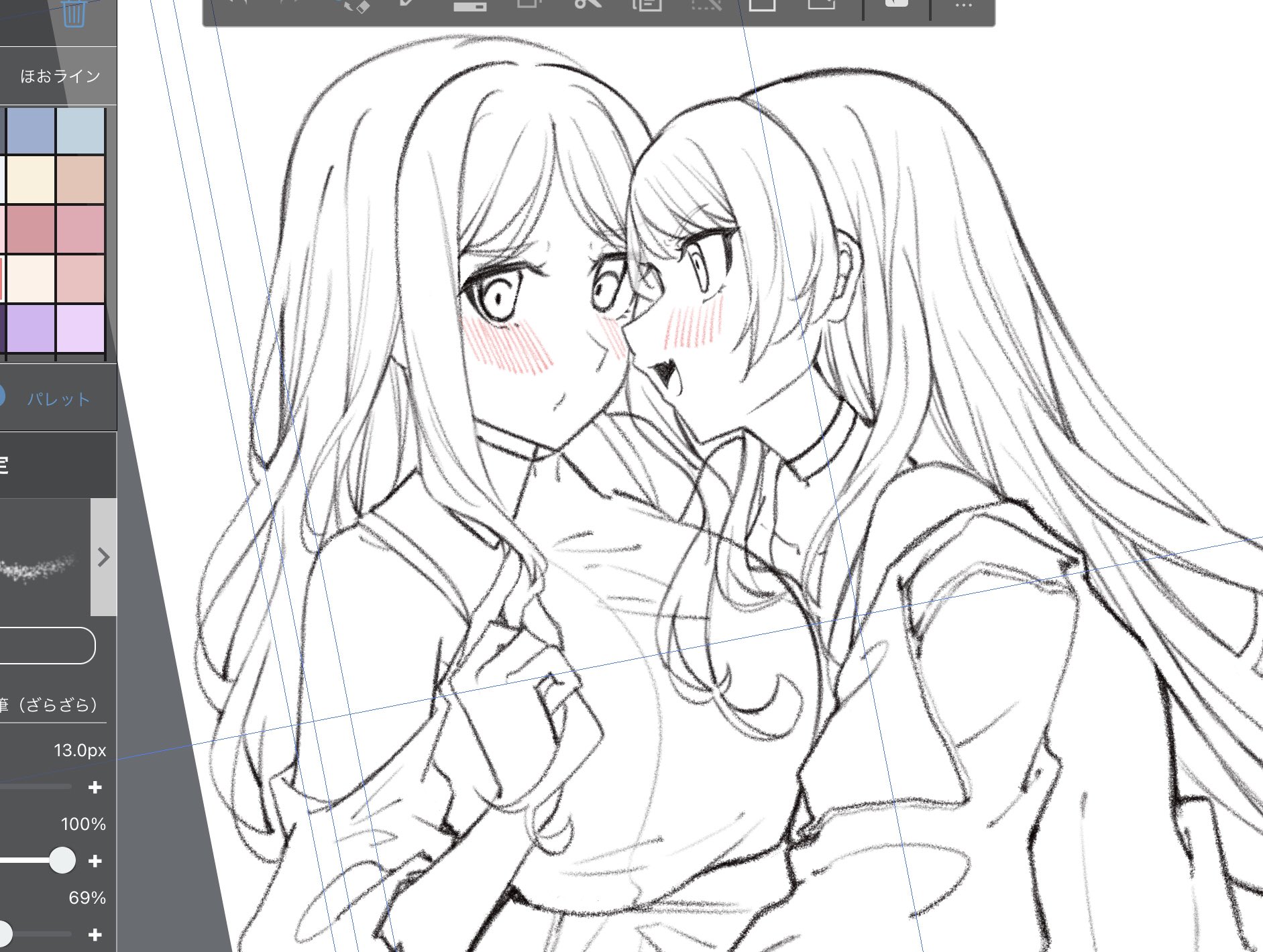 extreme yuri buta, chihaya anon, nagasaki soyo, bang dream!, bang dream! it's mygo!!!!!, commentary request, highres, unfinished, 2girls, art program in frame, averting eyes, blush, breasts, choker, closed mouth, fang, greyscale, large breasts, long hair, monochrome, multiple girls, open mouth, sidelocks, skin fang, twirling hair, yuri