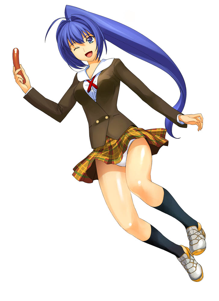 a1 (initial-g), hayase mitsuki, takahashi chiaki, idolmaster, idolmaster (classic), idolmaster 1, kimi ga nozomu eien, 1girl, ;d, blazer, blue eyes, blue hair, cosplay, dutch angle, female focus, food, holding, jacket, legs, long hair, matching hair/eyes, one eye closed, open mouth, panties, pantyshot, plaid clothes, plaid skirt, pleated skirt, ponytail, sausage, school uniform, simple background, skirt, smile, solo, underwear, upskirt, voice actor connection, wind, wind lift