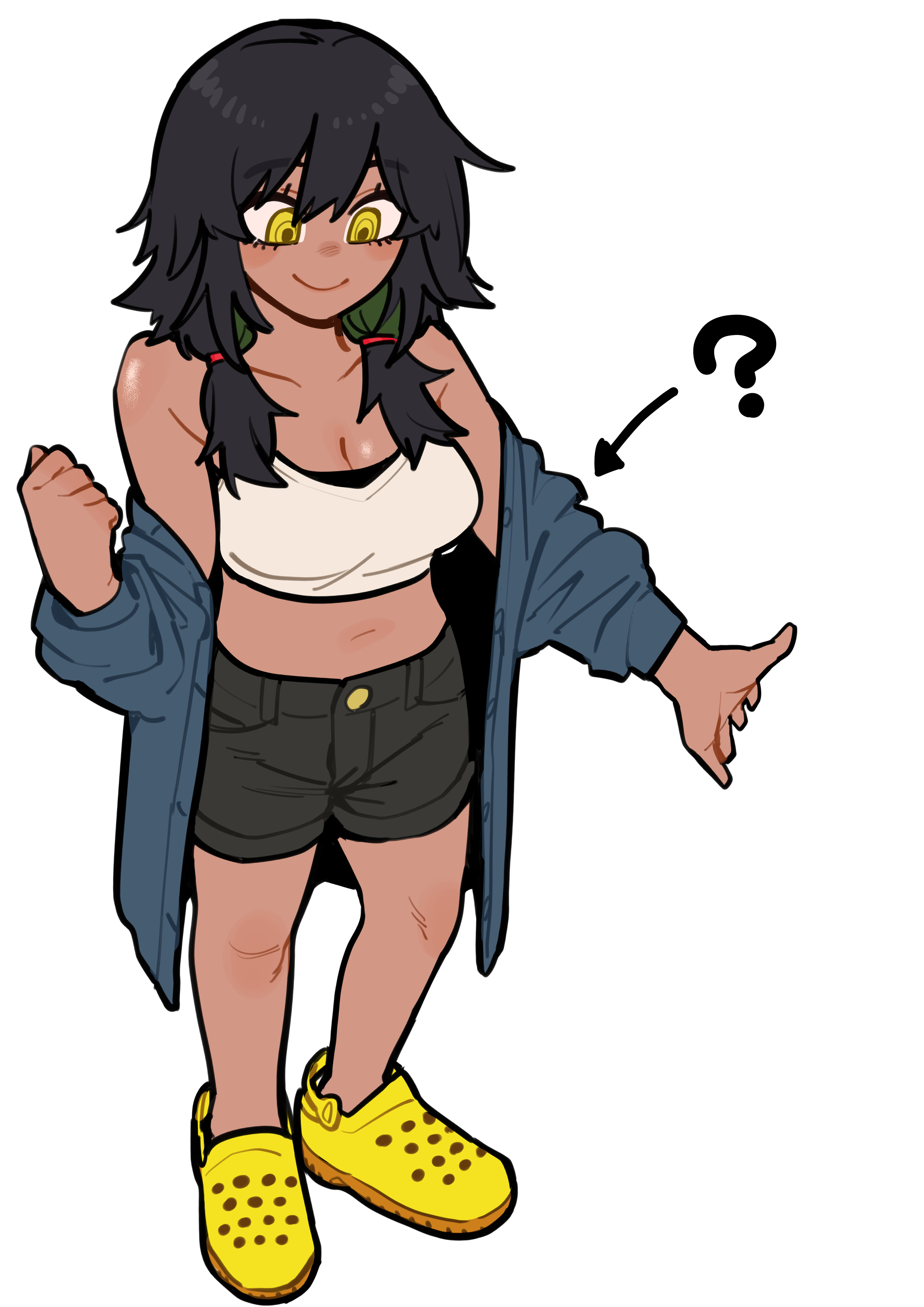 kanke (kank06020602), original, absurdres, highres, 1girl, ?, arrow (symbol), bare shoulders, black hair, black shorts, blue jacket, breasts, cleavage, closed mouth, collarbone, crocs, crop top, dark-skinned female, dark skin, full body, jacket, looking down, low twintails, medium breasts, midriff, navel, off shoulder, open clothes, open jacket, shirt, shoes, shorts, simple background, smile, solo, stomach, twintails, white background, white shirt, yellow eyes, yellow shoes, yuuyuu jiteki.